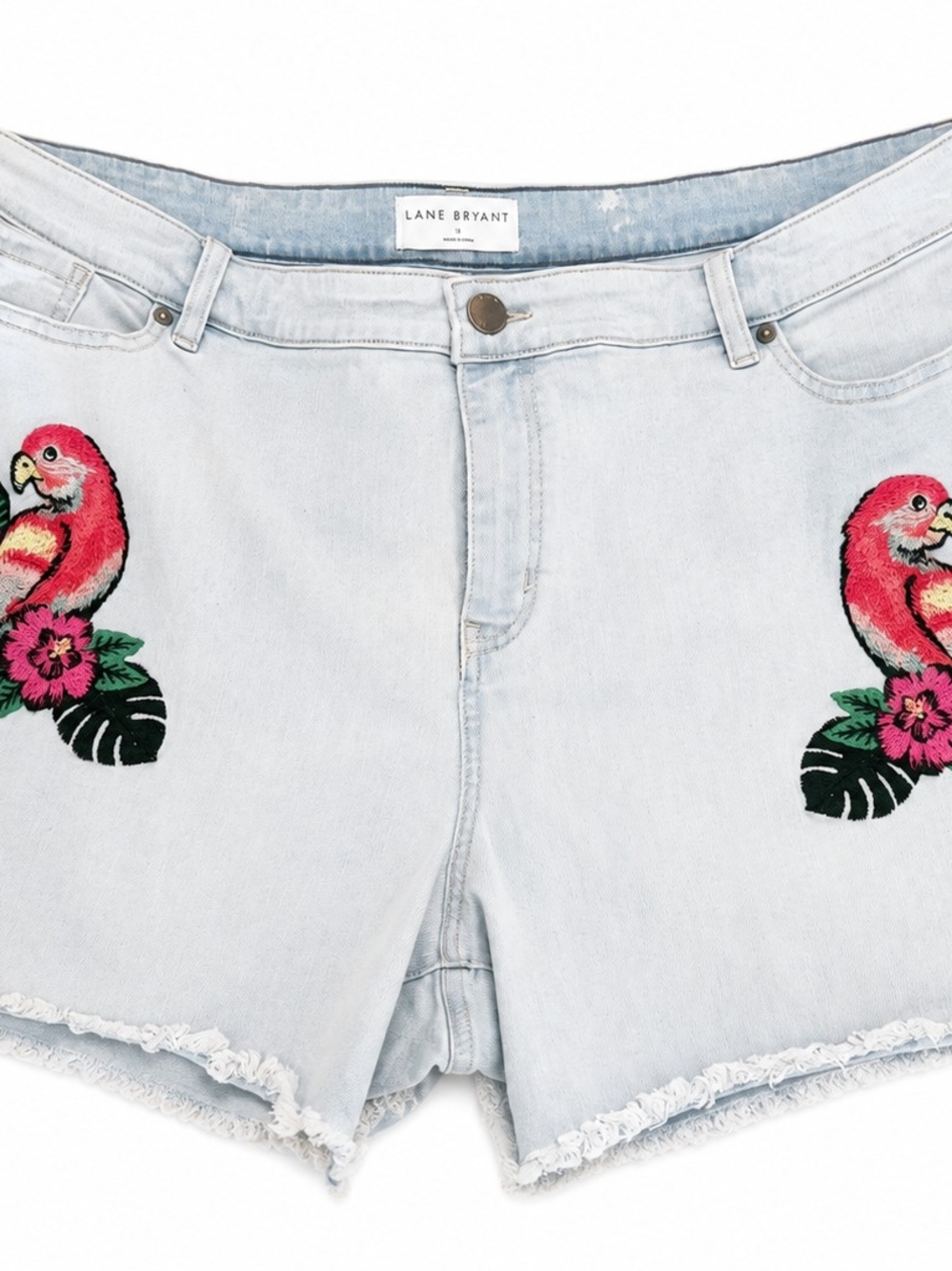 Lane Bryant Light Wash Denim Shorts with Pink Parrot Embroidery